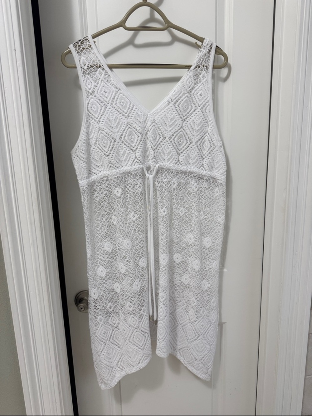 Dotti White Crochet V-Neck Swim Coverup with Waist Tie
